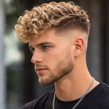 Blonde curly taper fade style with clean tapered sides and textured curls on top