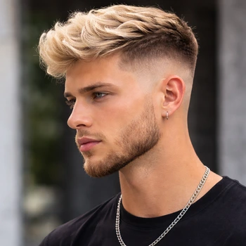 High taper fade blonde hair with sharp fade on the sides and textured blonde top