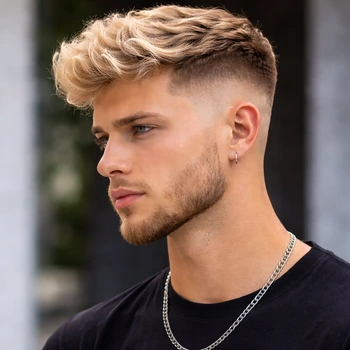 Mid taper fade blonde hair with smooth fade on the sides and textured blonde top