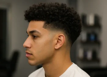 a man with high taper fade curly hair