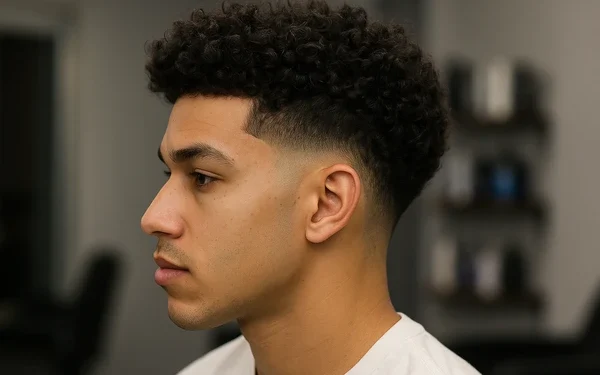 a man with high taper fade curly hair