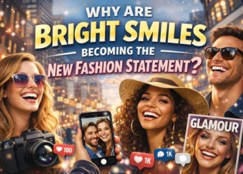 Why are bright smiles becoming the new fashion statement with stylish people smiling confidently in a modern city setting