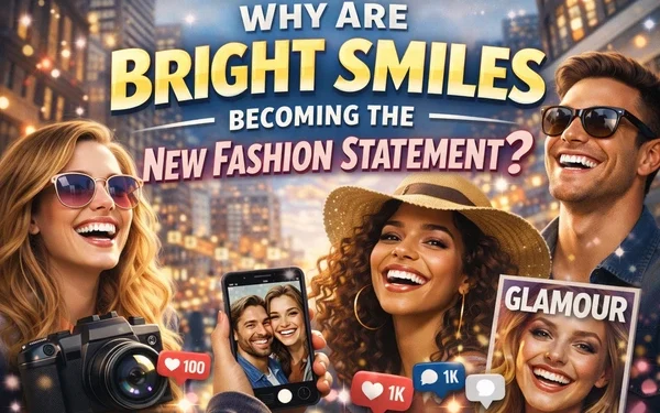 Why are bright smiles becoming the new fashion statement with stylish people smiling confidently in a modern city setting