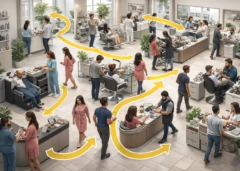 choreography of people moving through a grooming space