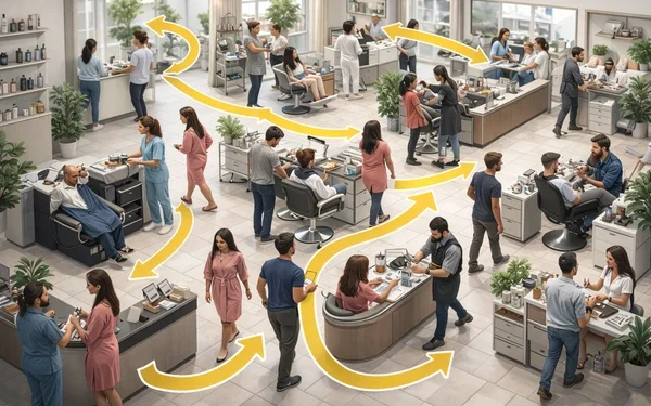 choreography of people moving through a grooming space