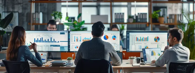 Team analyzing charts and graphs on multiple screens, using multi-channel marketing automation tools